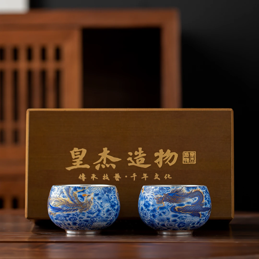 手工鎏银龙凤茶杯对杯品茗杯送闺蜜长辈父母朋友结婚商务伴手礼品