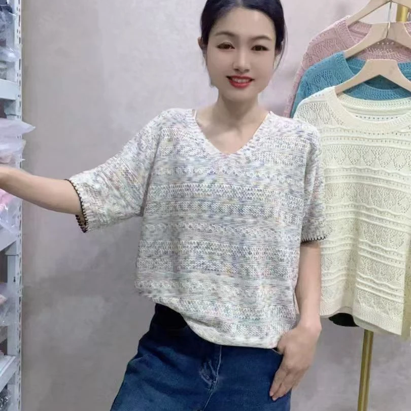 新款女装镂空薄款V领针织衫花纱短袖针织【78】