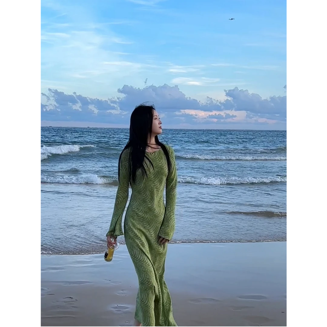 【抹茶】夏季法式套头印花连衣裙修身时尚