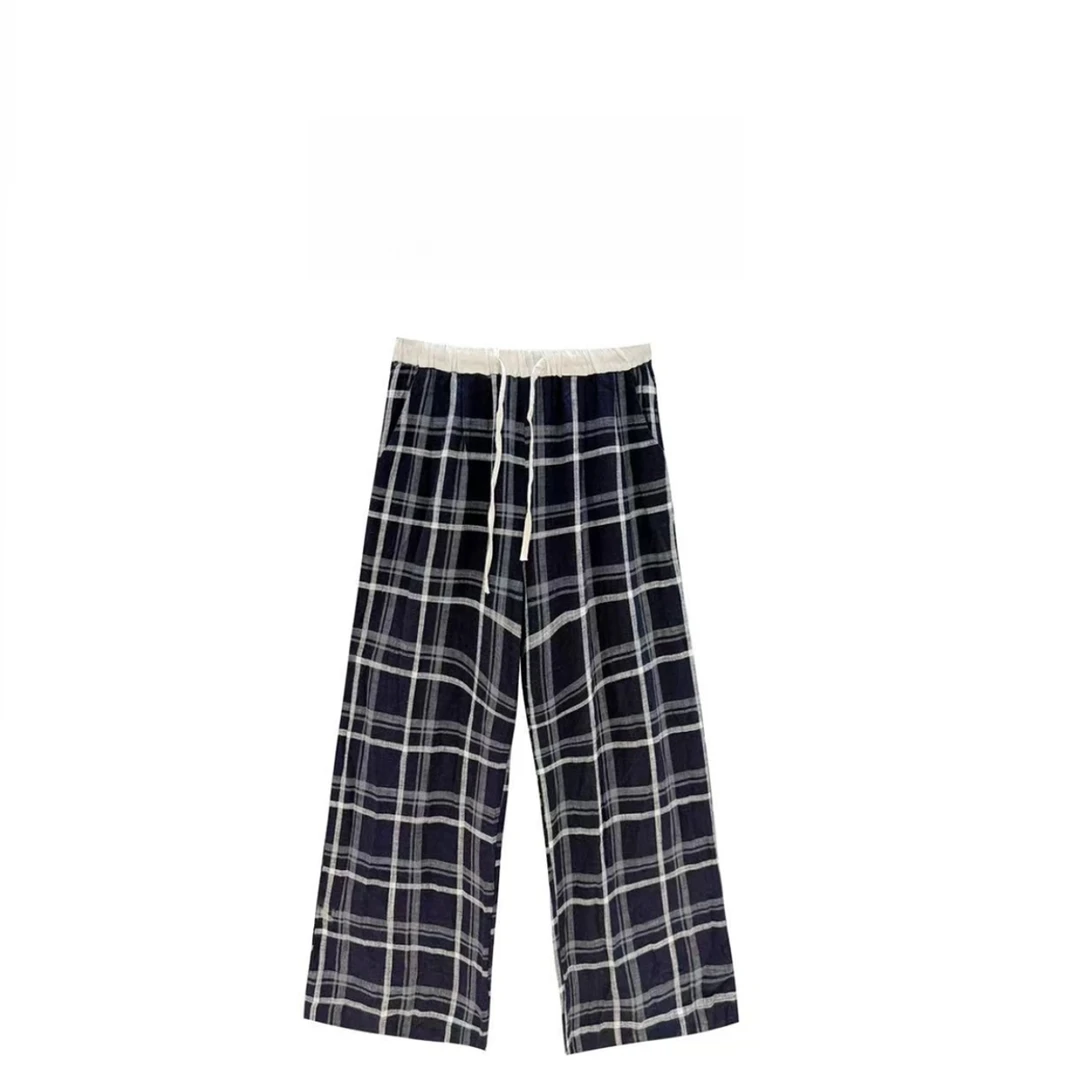 熙薇【格纹层叠】2025夏季新款时尚亚麻格子休闲裤