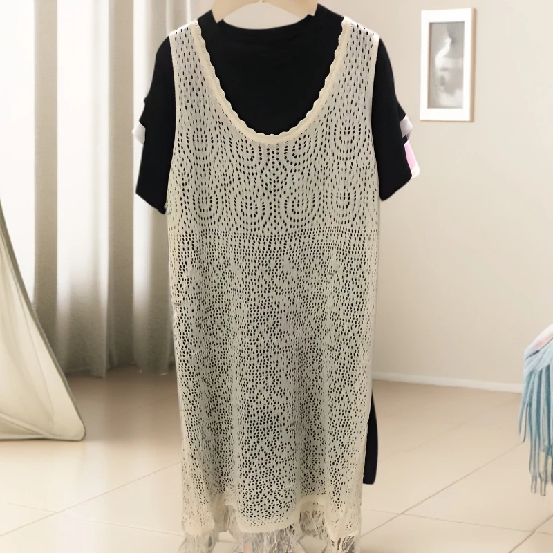 夏季针织镂空钩花连衣裙圆领休闲风时尚套装潮流休闲百搭
