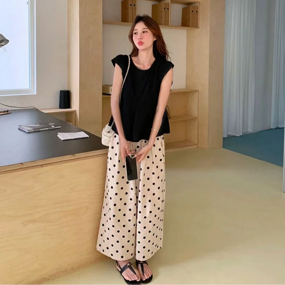 减龄无袖上衣波点阔腿裤宽松显瘦时尚套装夏季新款外穿休闲