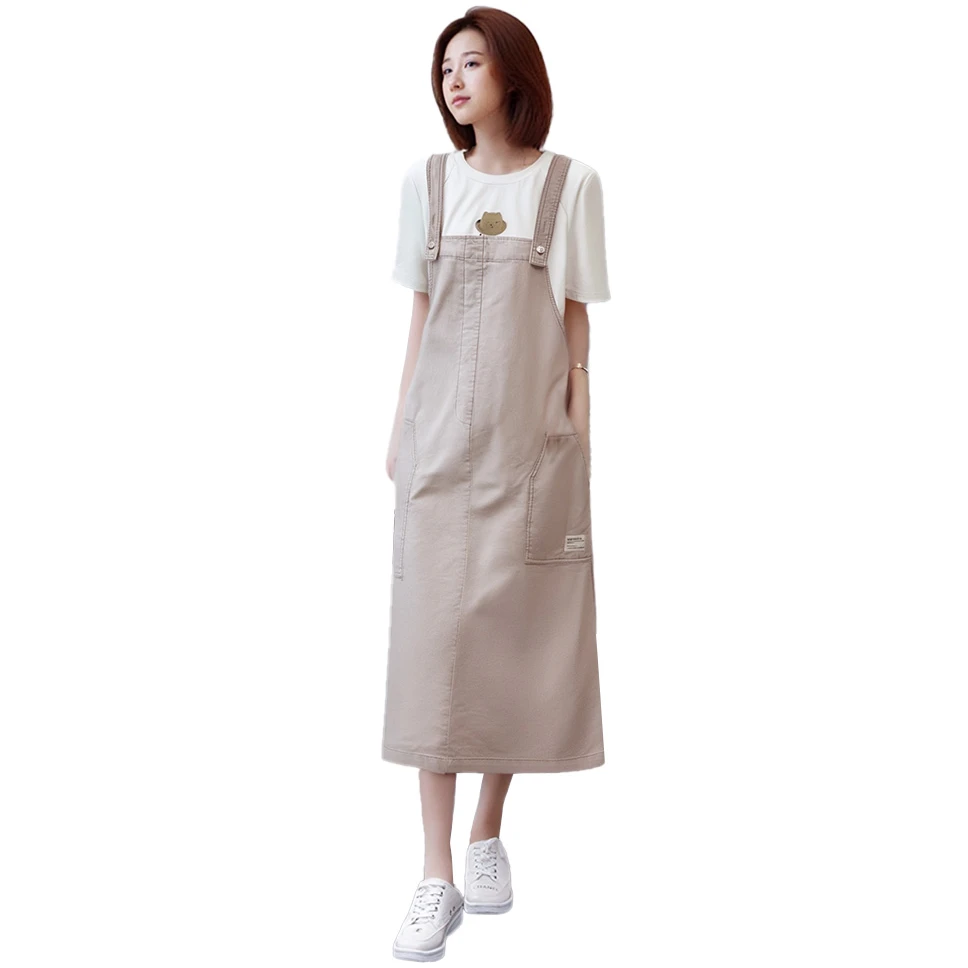 净色口袋长款背带裙宽松遮肉