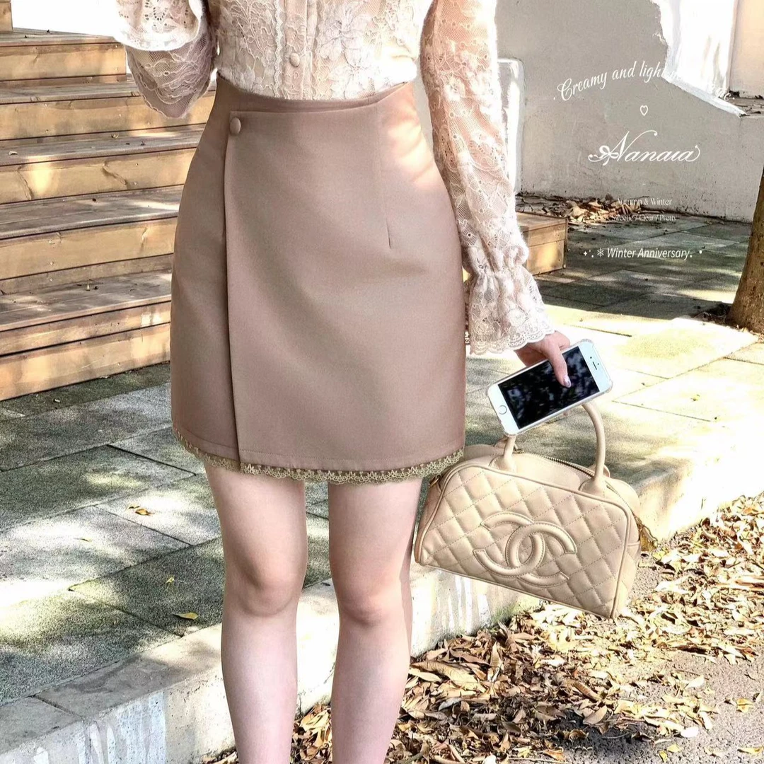 甜水仙 甜心腿精 秋季新款斜纹面料 棉蕾丝花边 小A摆半身裙女