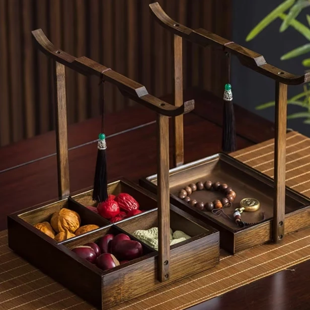 创意复古中式水果盘手提干果盘家用零食盘糖果下午茶托盘篮