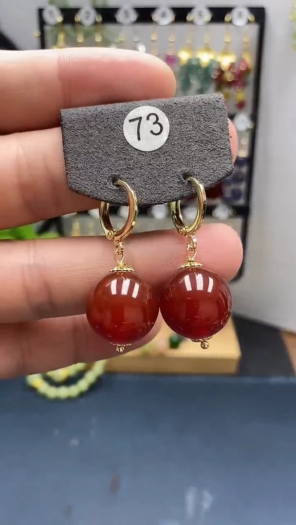 南红玛瑙银S925镀金镶嵌耳饰尺寸16mm耳扣66