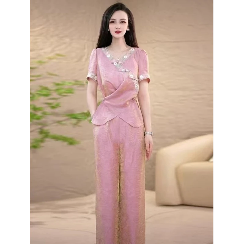 新中式国风套装女2025夏季新款时尚洋气刺绣上衣阔腿裤气质两件套