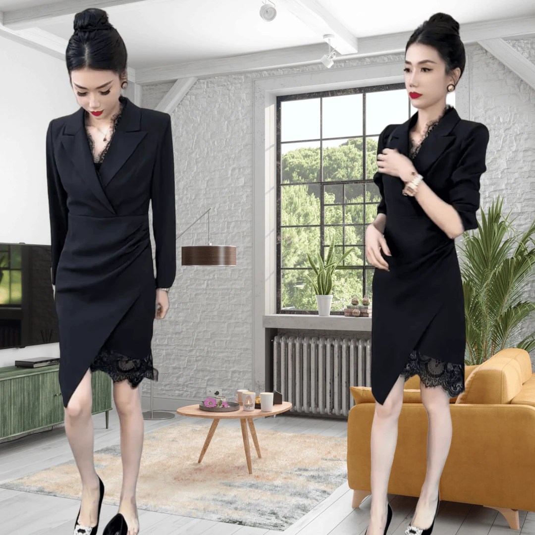 2025小黑裙新款西装蕾丝拼接高端修身西装连衣裙开叉连衣裙气质