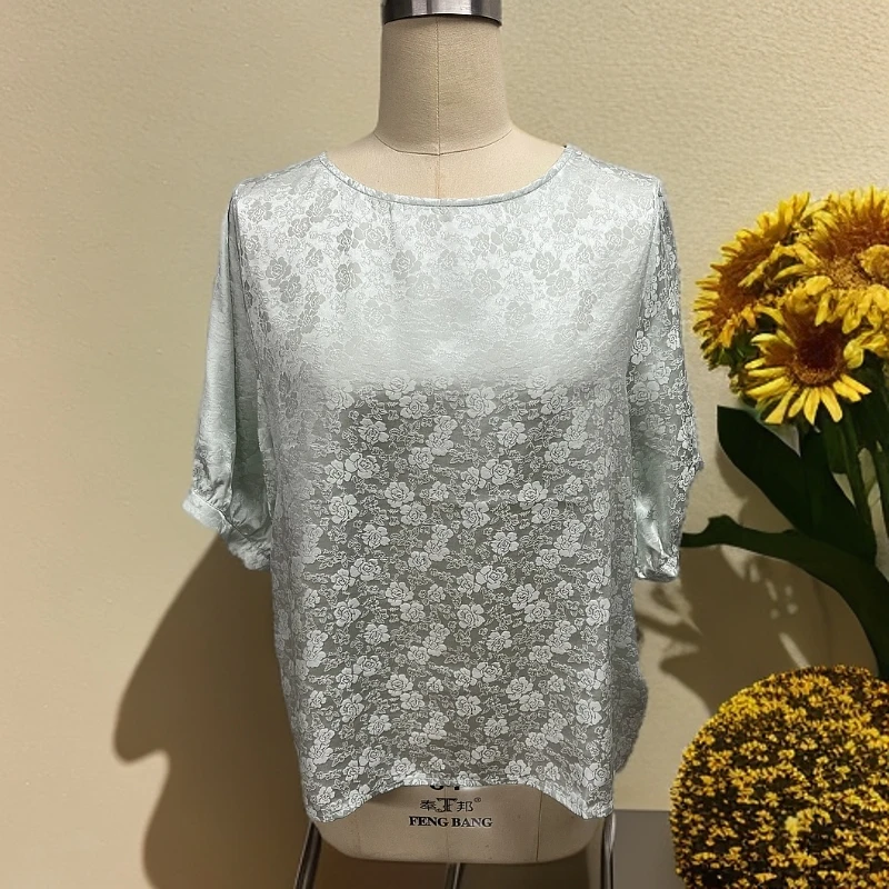 【026-3】薄荷绿重磅桑蚕丝提花玫瑰简约百搭宽松休闲上衣5002-H27