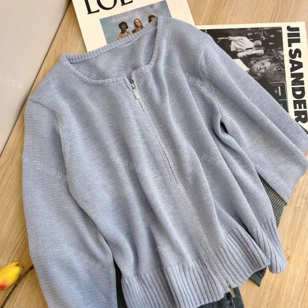 089设计感双拉链冰麻防晒针织开衫女薄款夏季短款空调衫外搭上衣