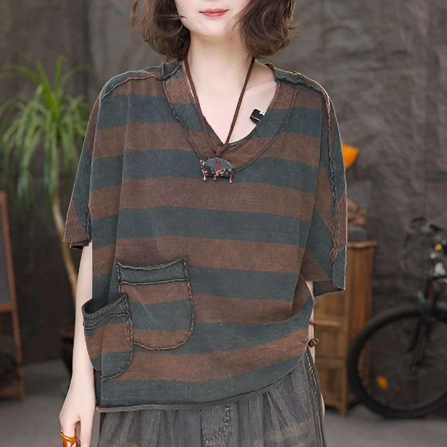 100%纯棉条纹短袖夏季女装宽松显瘦百搭上衣T恤-Q836T