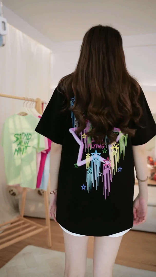 美式复古星星印花短袖t恤女夏季国潮牌宽松显瘦遮肉气质半袖上衣