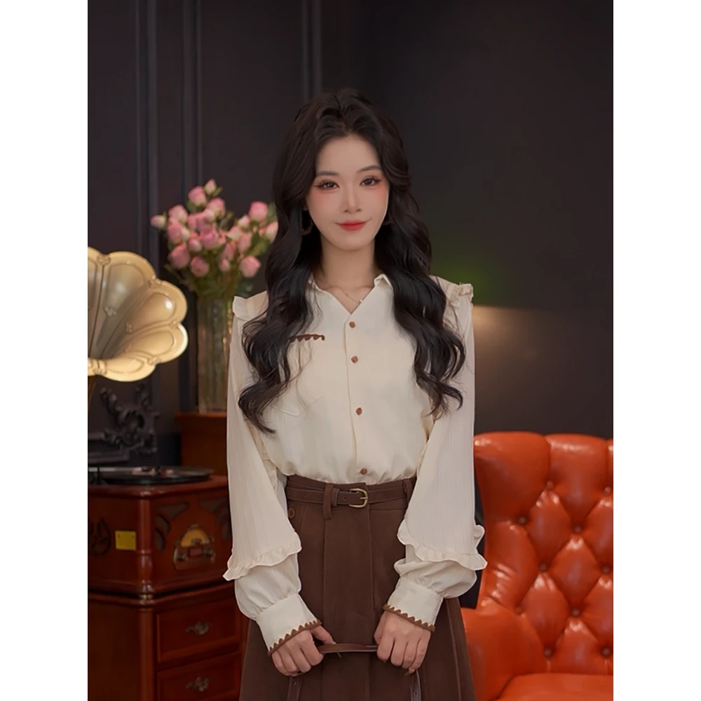 婉儿【芯羽】25年新款宽松显瘦复古港风长袖白衬衫#S14104