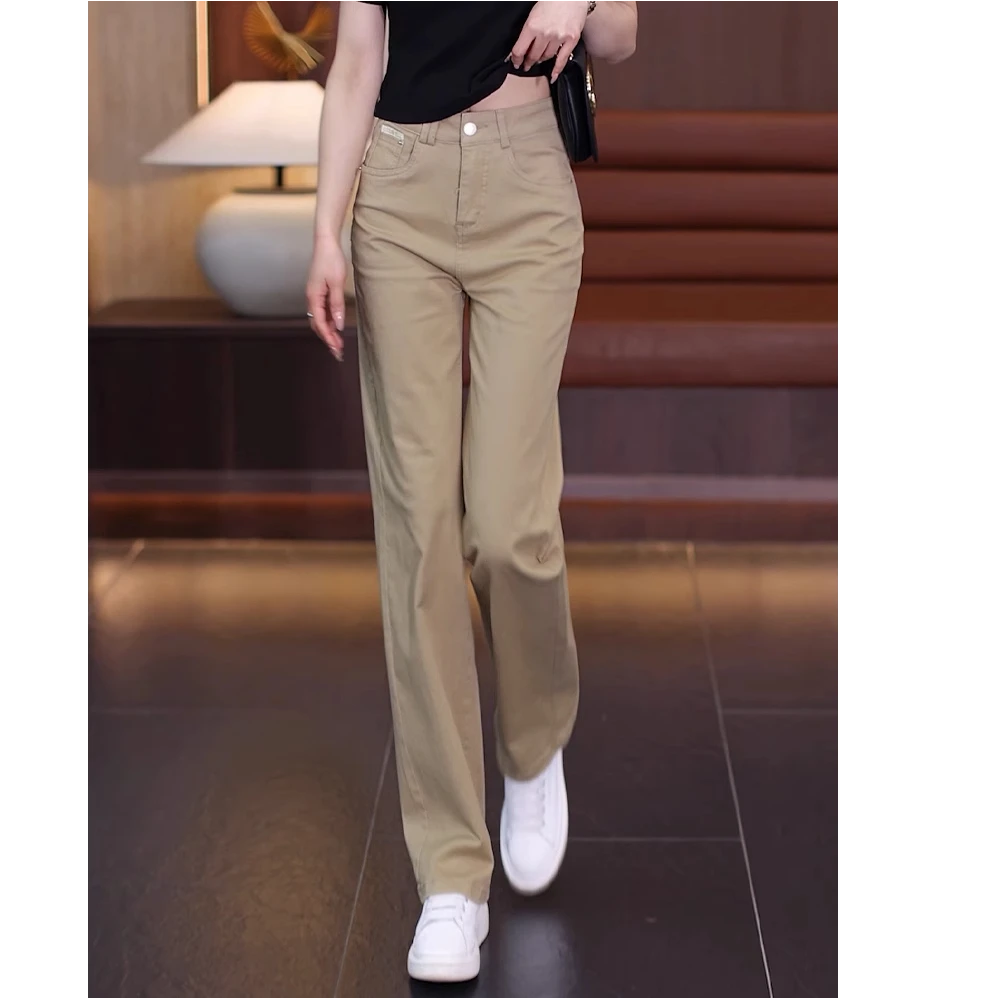 卡其色牛仔直筒裤女春秋2025新款爆款小个子高腰窄版休闲阔腿裤子