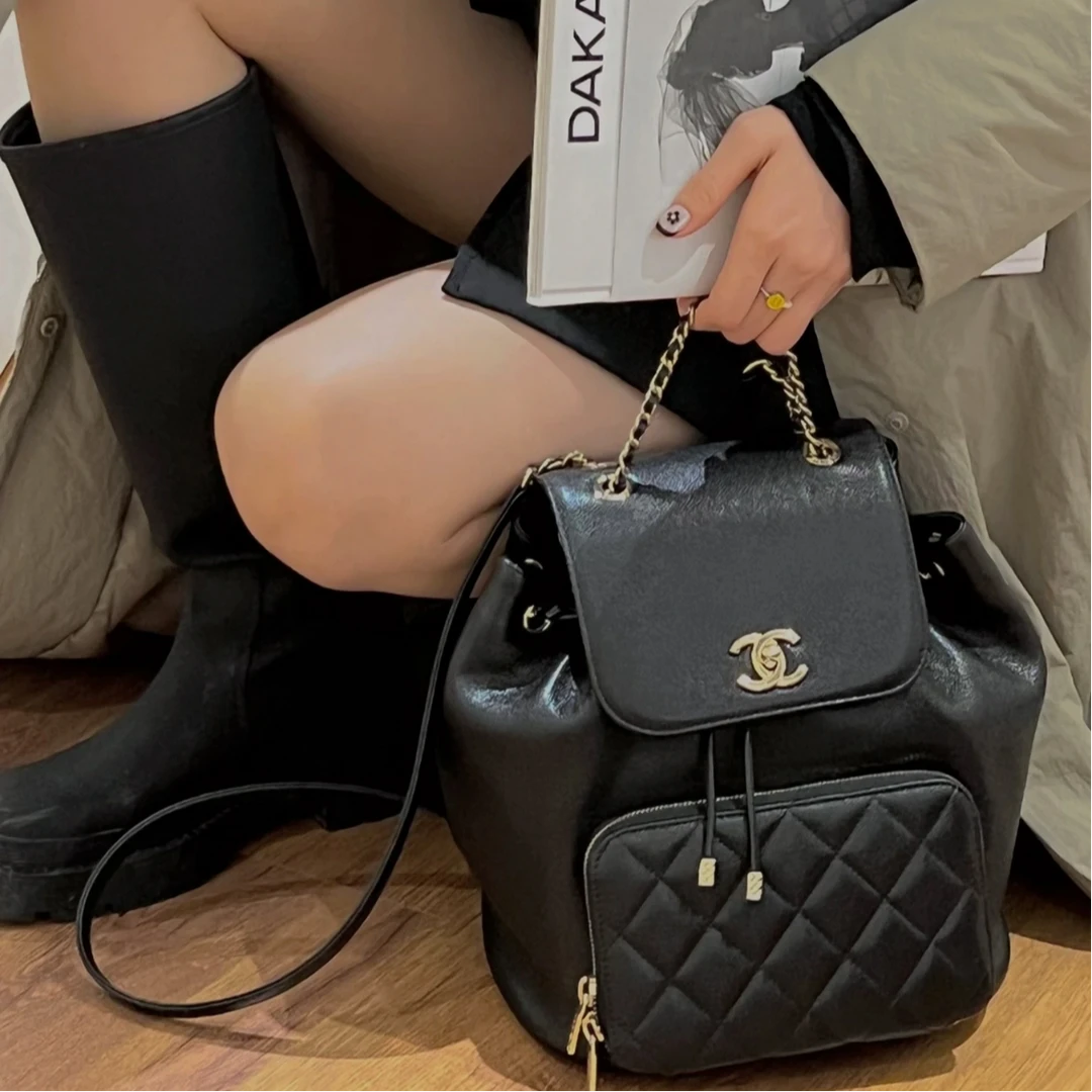 99新 Chanel/香奈儿 7姐专场/黑金荔枝牛双肩包 芯片