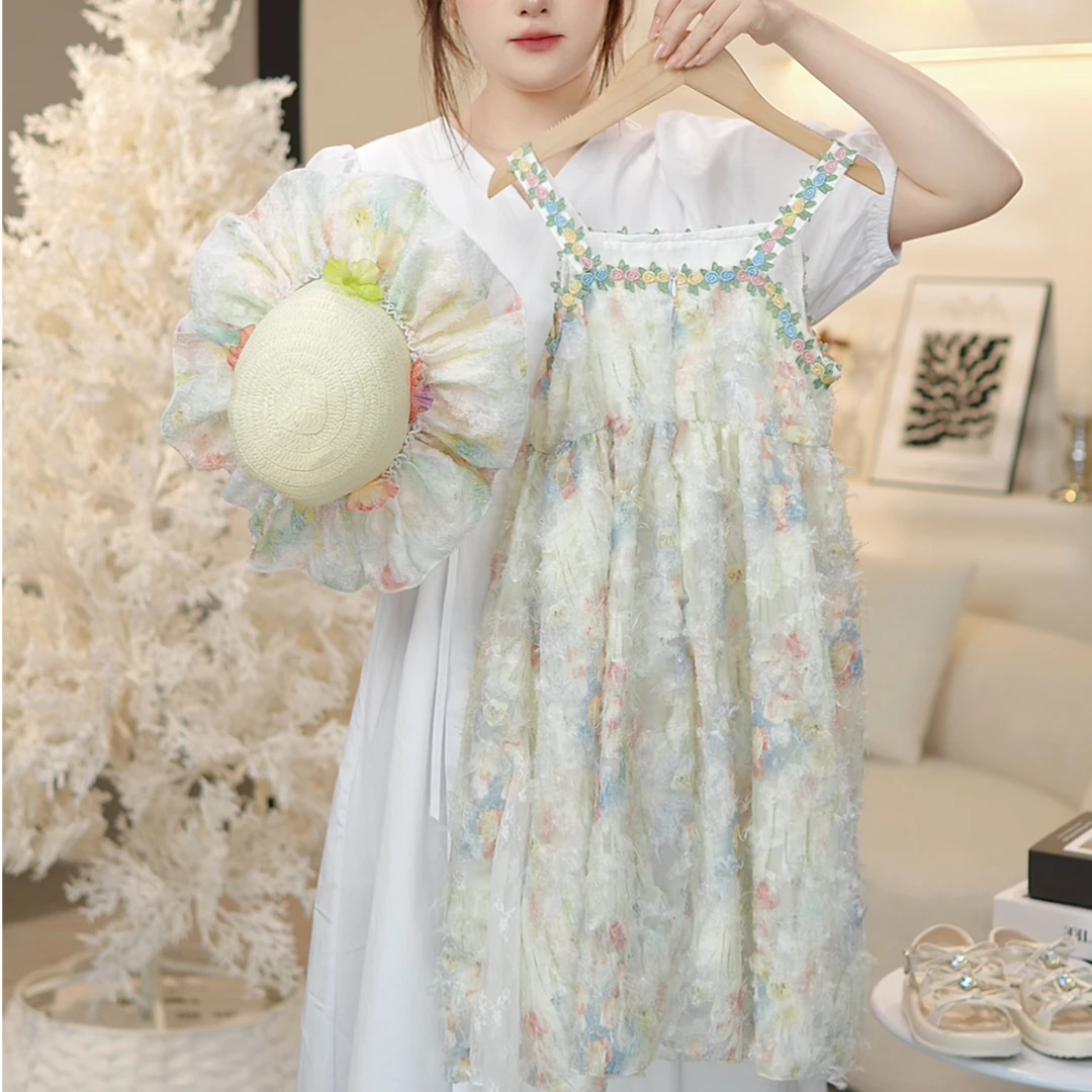 《MM》【送帽子】女童夏季碎花吊带连衣裙甜美背心裙子HCB505