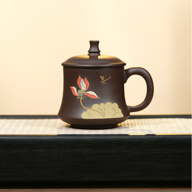 赵掌柜紫砂 紫泥盖杯  泥绘