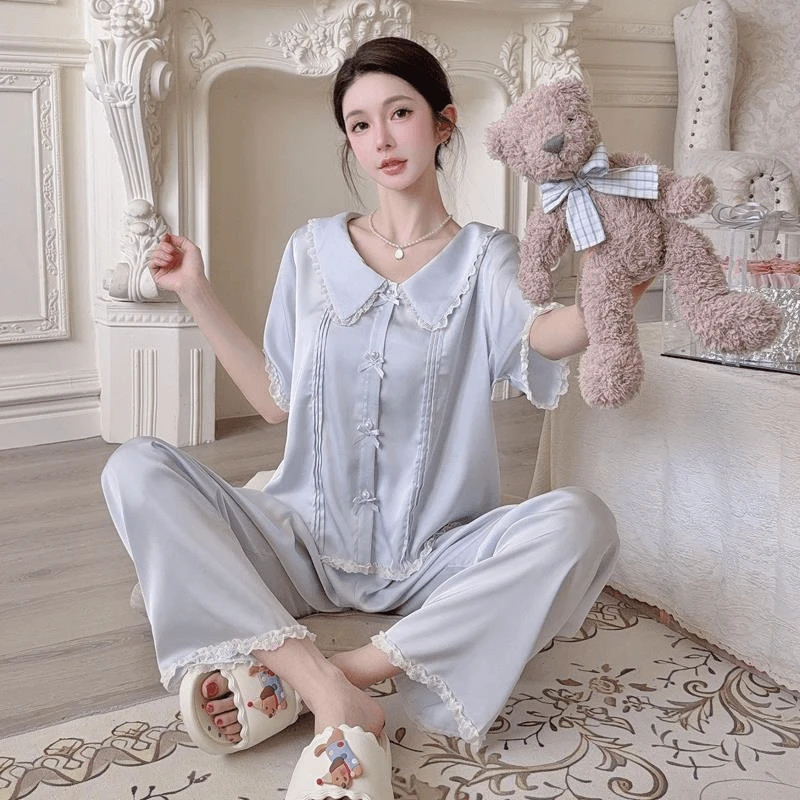 2025新款甜美可爱小清新娃娃领睡衣女夏高级感冰丝短袖长裤家居服