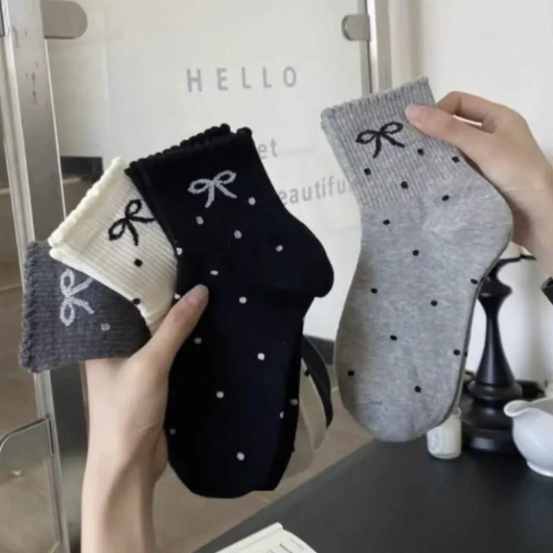 【八双装】花边波点蝴蝶结袜子女袜春上新薄款学生袜子中筒春夏薄款