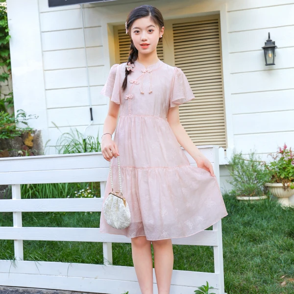 夏季新款女童中国风连衣裙新中式学生文艺裙子甜美zb5909田范KIDS