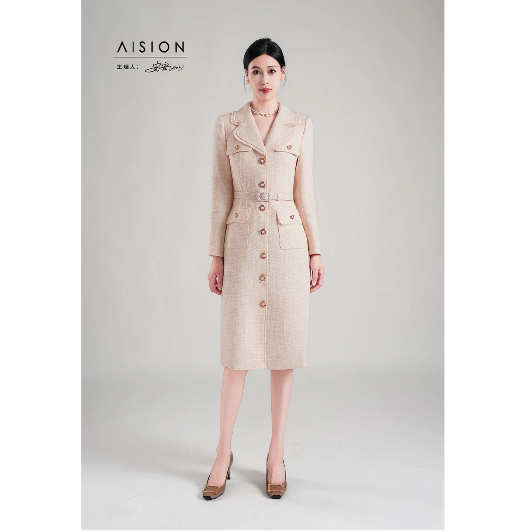 艾尚AS艾尚-安安 米白色秋冬厚款法式毛呢小香风连衣裙