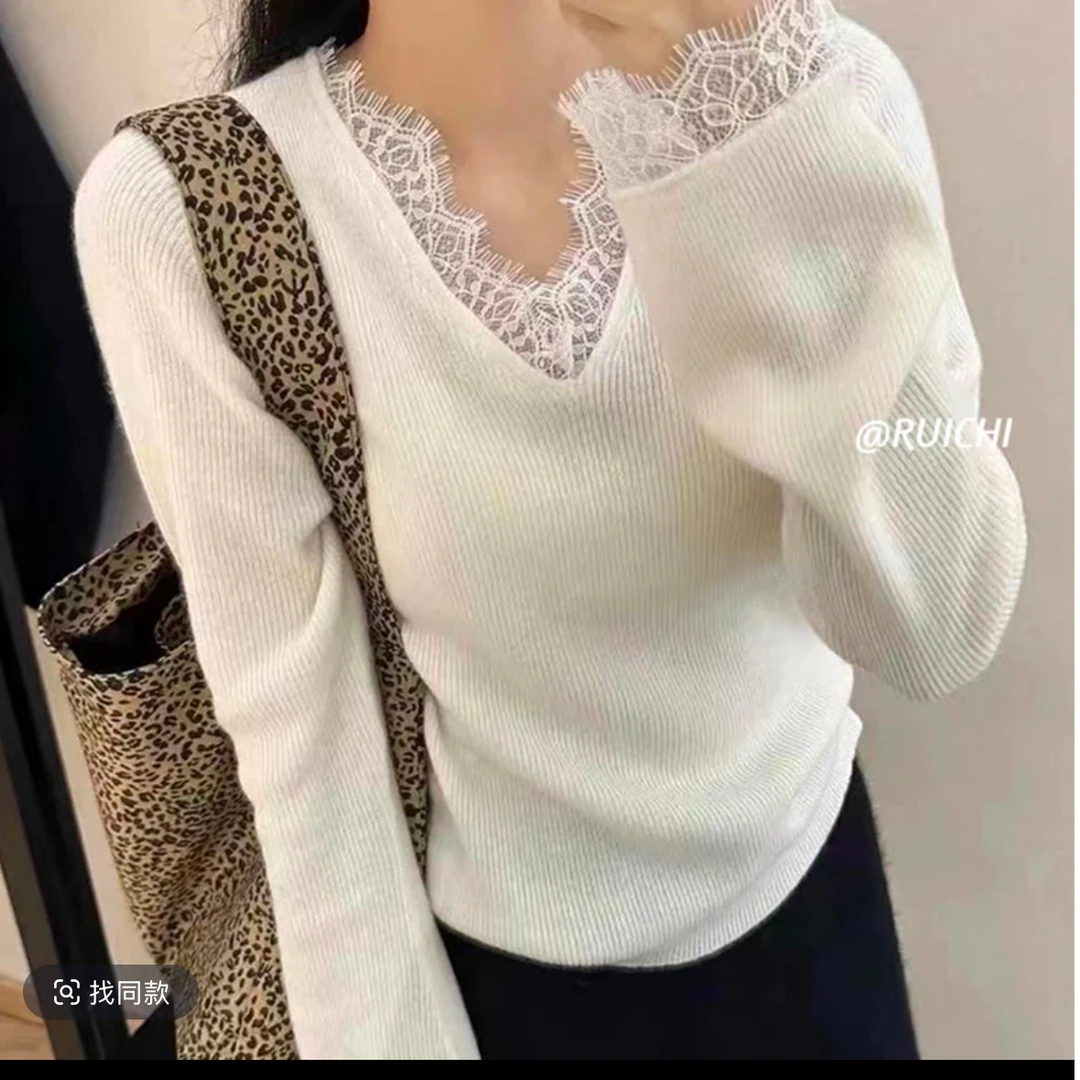 毛衣蕾丝长袖网红时尚加绒修身高领拼接