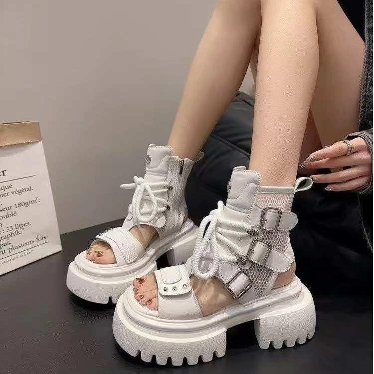 唐小肉潮搭厚底凉靴休闲小个子增高小众款夏季网靴英伦风4-24-1