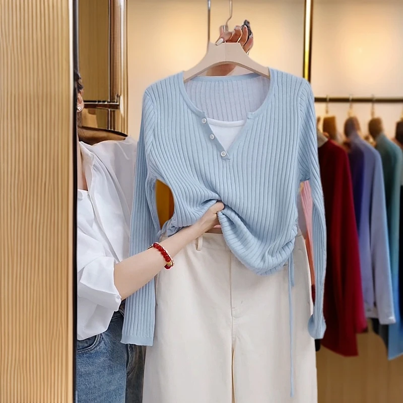 假两件针织衫女秋季新款侧面抽绳洋气漂亮毛衣修身显瘦打底衫上衣