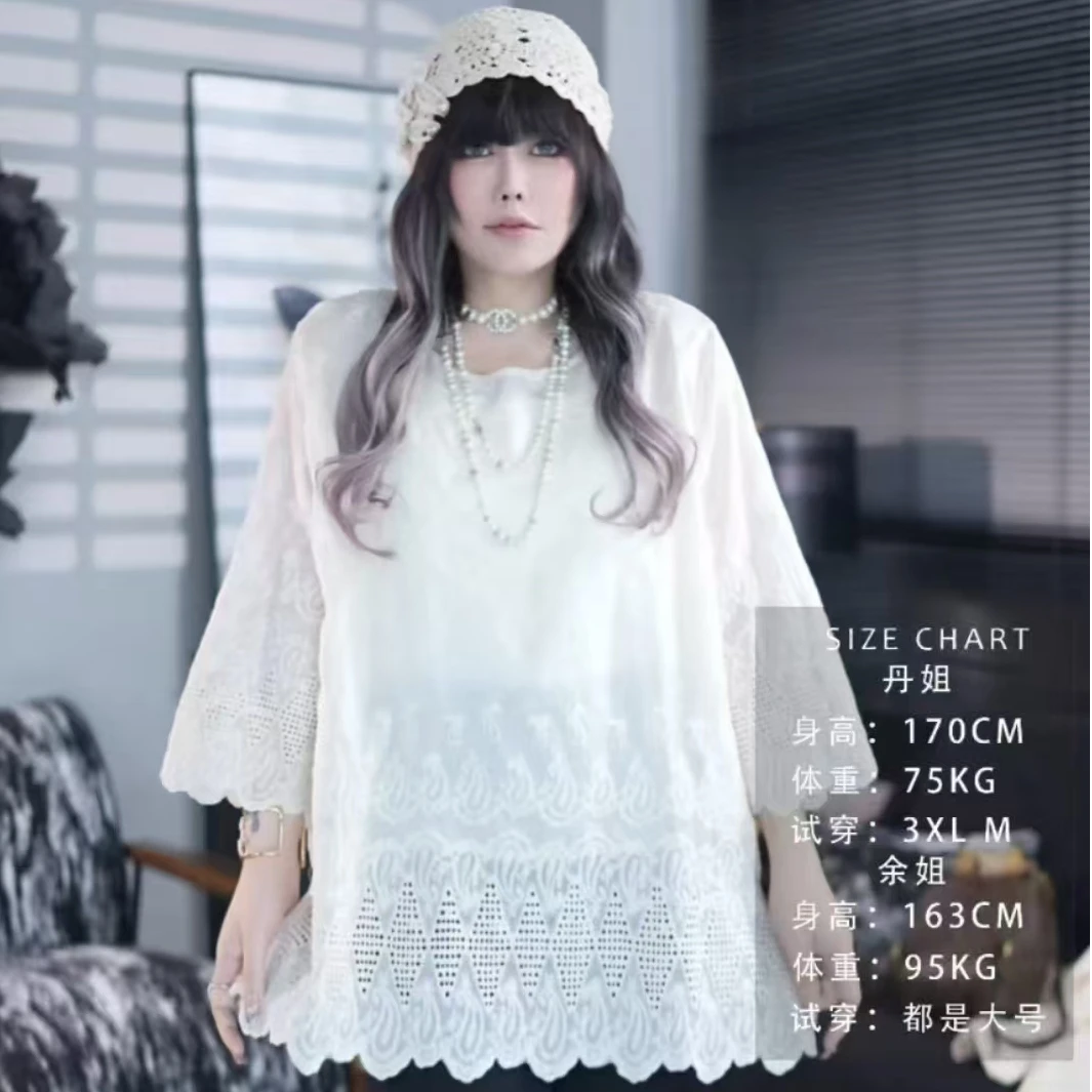 D25022新款八分袖重工刺绣镂空气质长袖开叉上衣