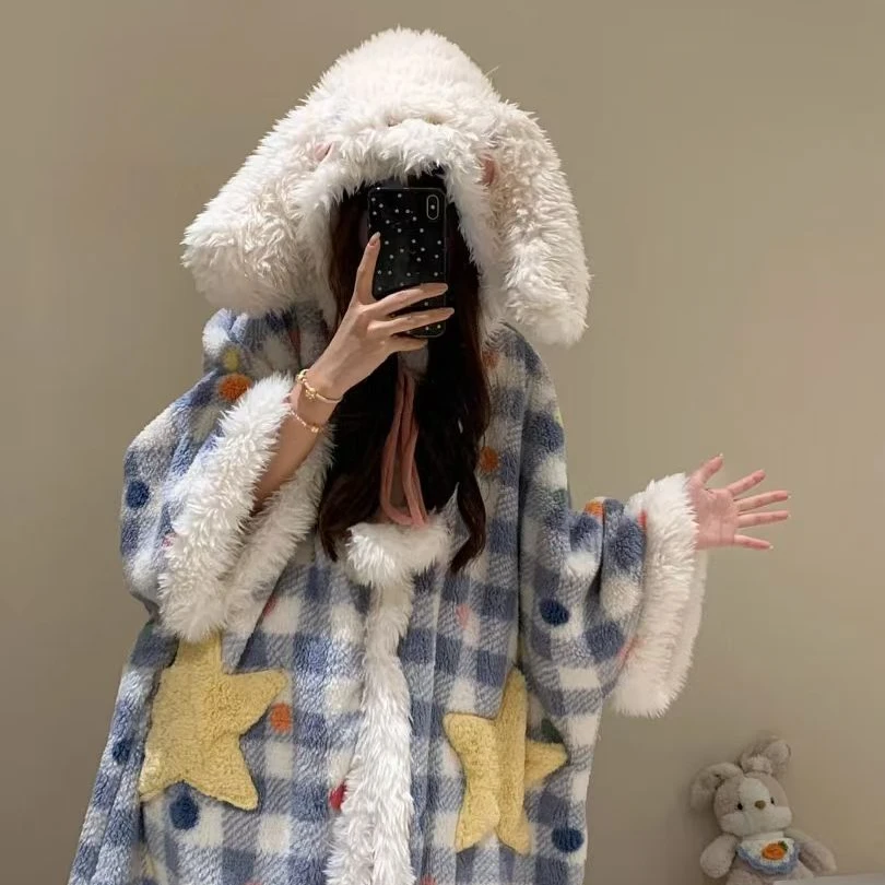 斗篷大耳朵狗连帽睡衣冬季可爱加绒保暖女款珊瑚绒连帽套装家居服