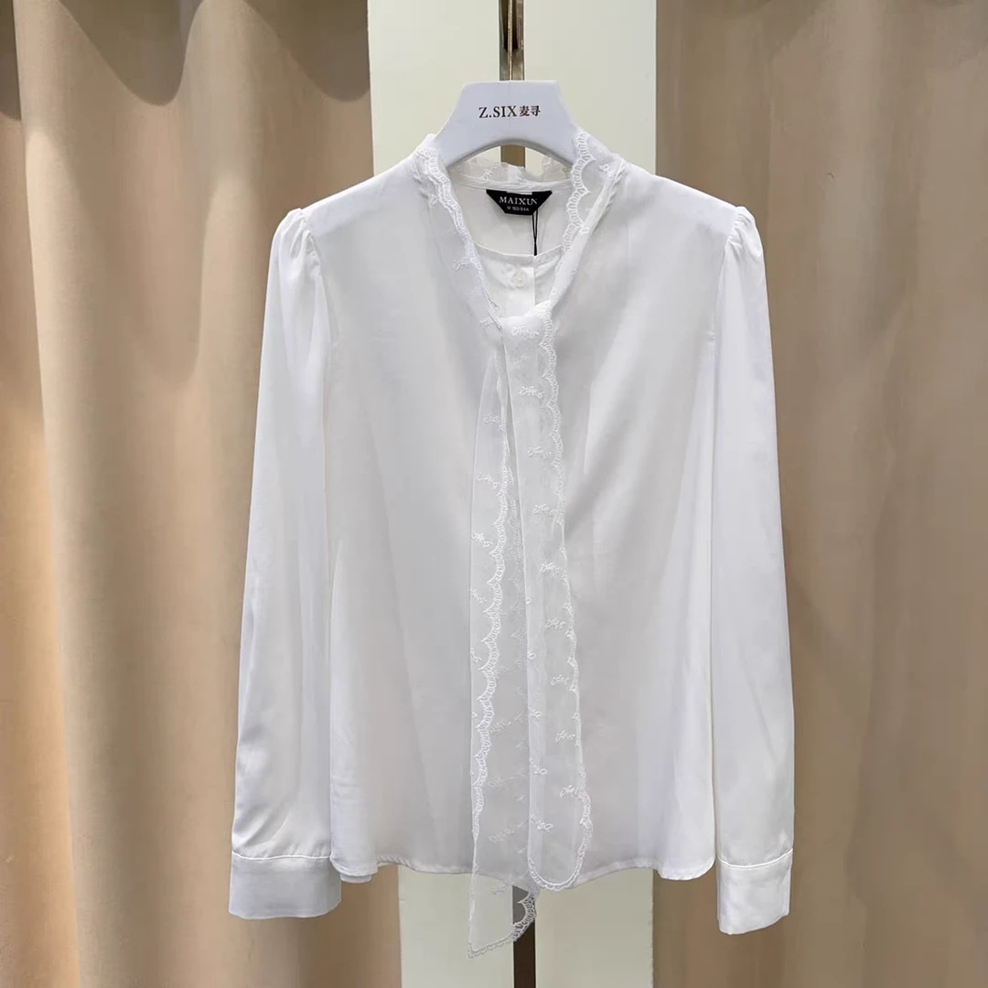 麦寻XSLBS10A长袖小衫春季新款蕾丝飘带拼接高级感气质百搭上衣
