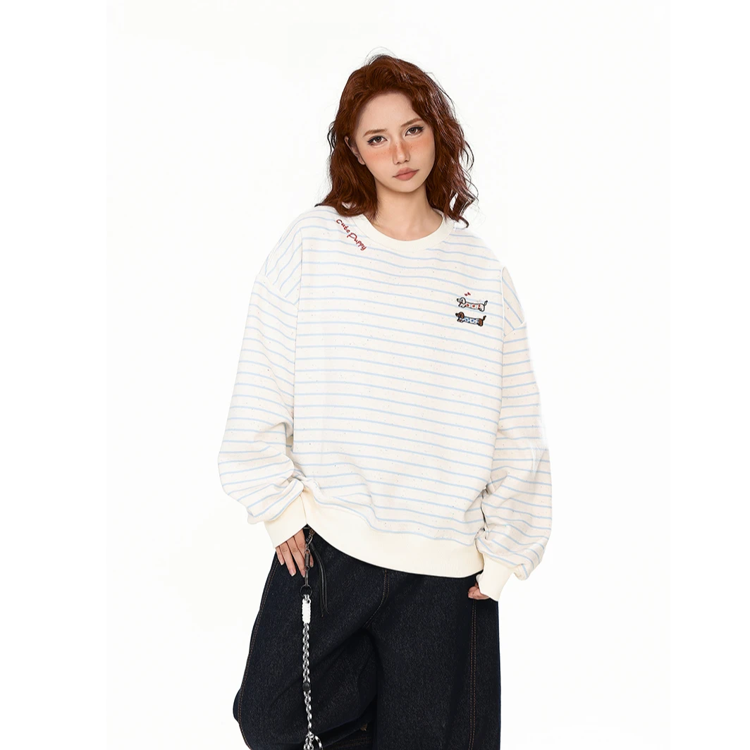 【帝韵】复古撞色条纹卫衣外套女装新款卡通腊肠狗刺绣穿搭圆领上衣