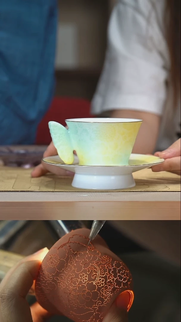 瓷片扒花蝴蝶咖啡杯