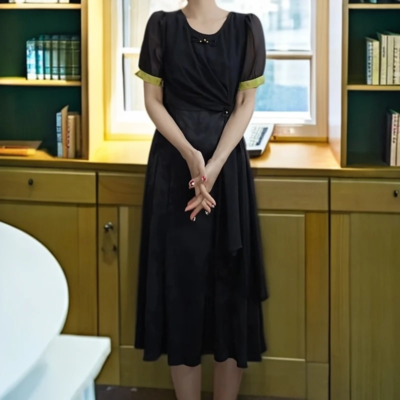 燕妮雅姿新中式短袖黑色褶皱收腰连衣裙长裙女装显瘦裙子L595