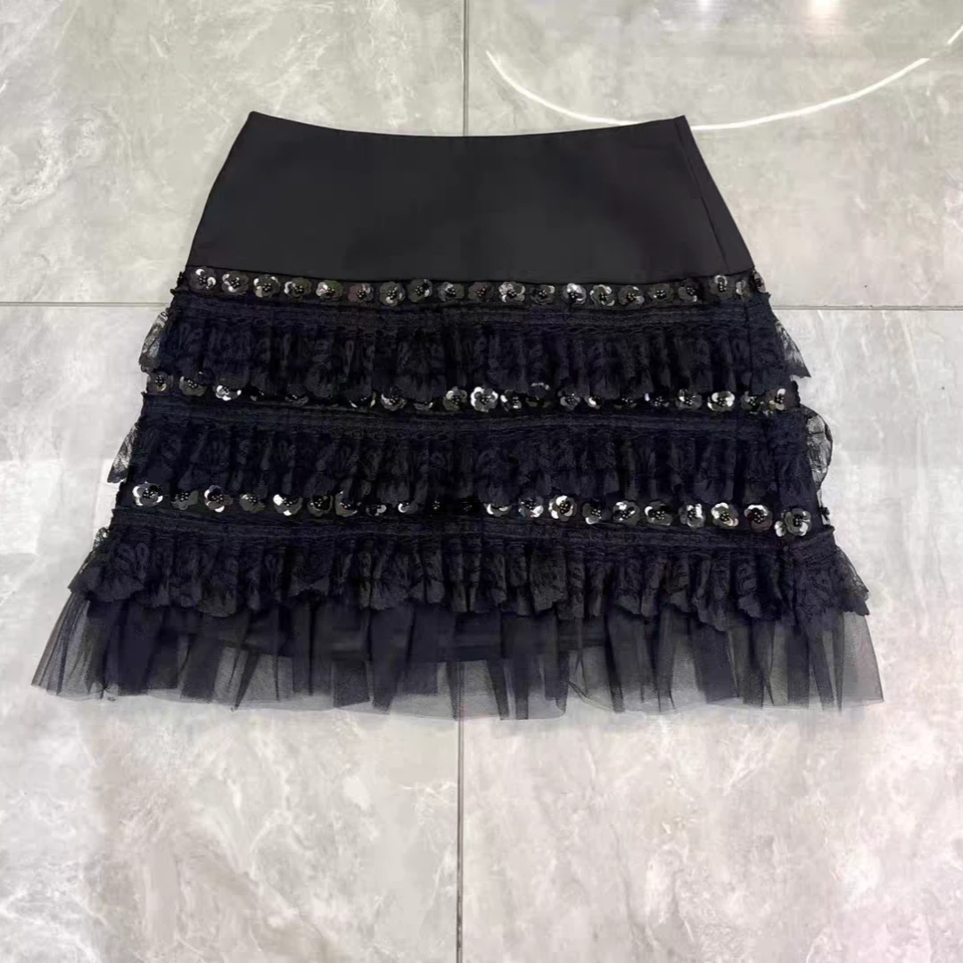 【济州岛】N99 亮片蕾丝拼接蛋糕裙