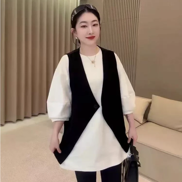 欧货不规则西装马甲外套女套装春季宽松长袖T恤中长款上衣两件套