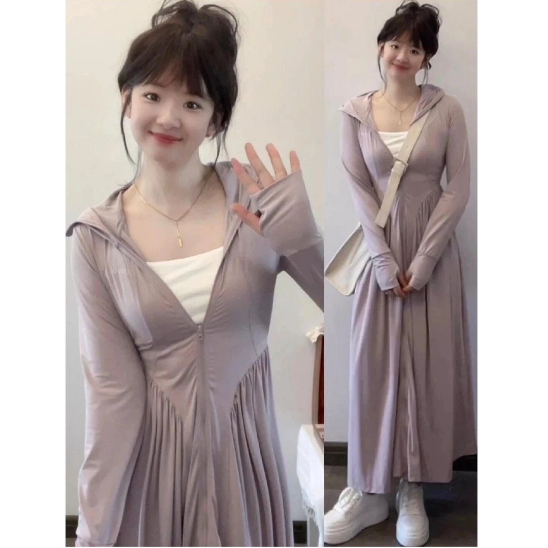 新款韩国冰丝原纱凉感防晒裙女防晒衣长款夏季全身防晒连衣裙