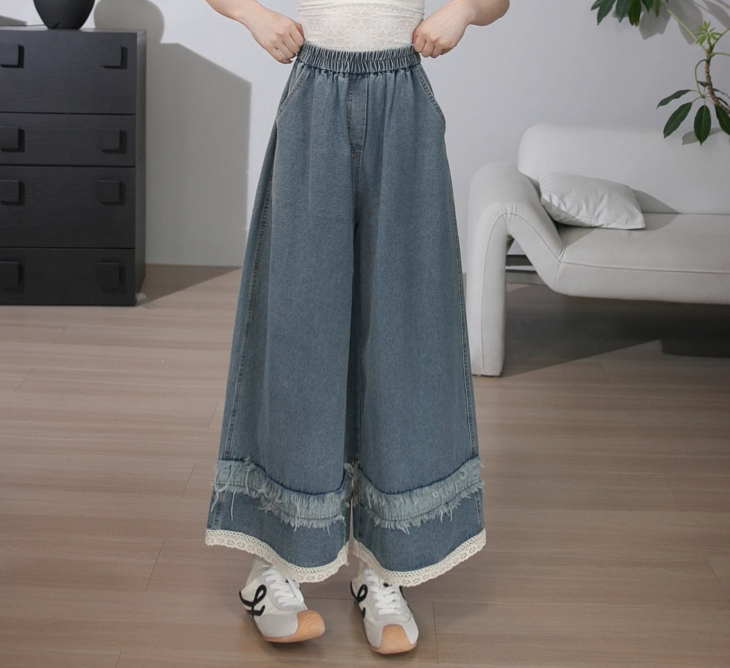 【兜兜家】森系复古拼接毛边蕾丝休闲牛仔裤