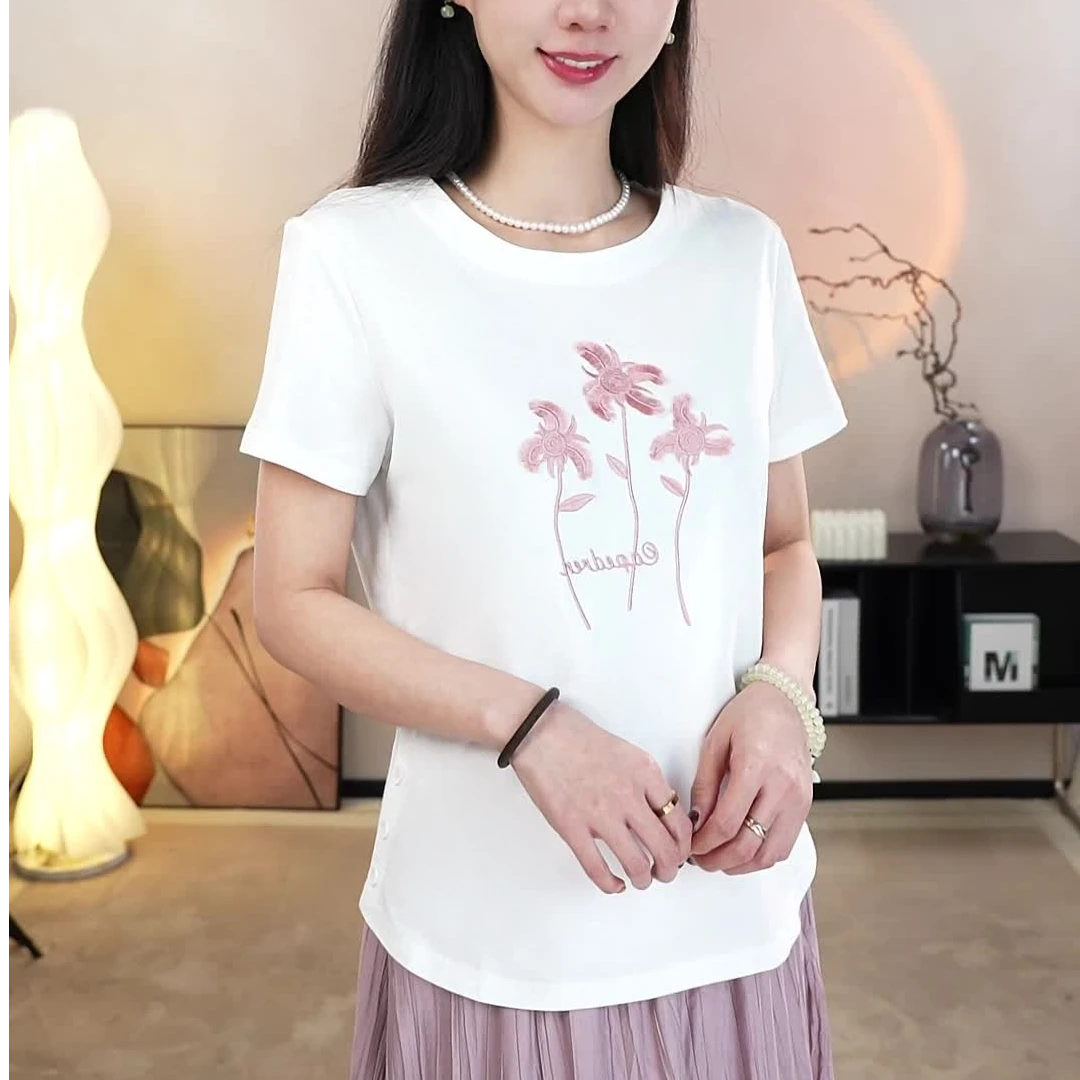 重工刺绣立体流苏冰瓷棉T夏季新款短袖女宽松T恤洋气时尚圆领大码