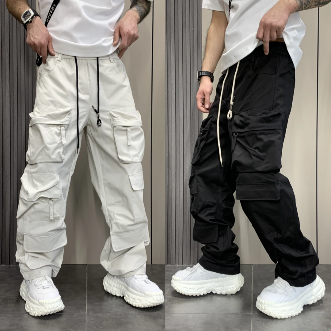 美式设计感多口袋工装裤子男士春秋街头宽松百搭褶皱休闲阔腿裤男