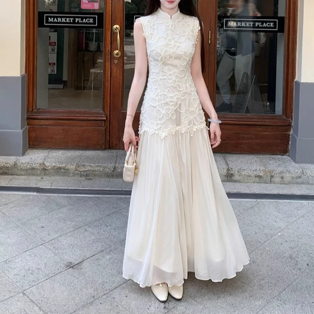 2025夏季雪俏'白色法式薄纱连衣裙女夏五一出游新中式蕾丝旗袍裙