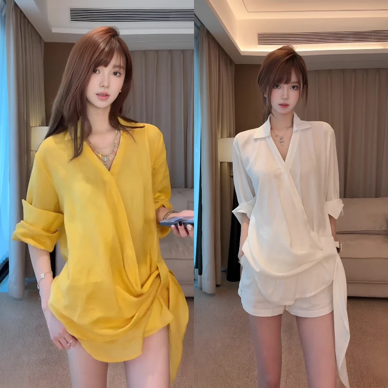 夏季2025新款一整套女装韩系穿搭纯欲风显瘦气质绑带衬衫短裤套装