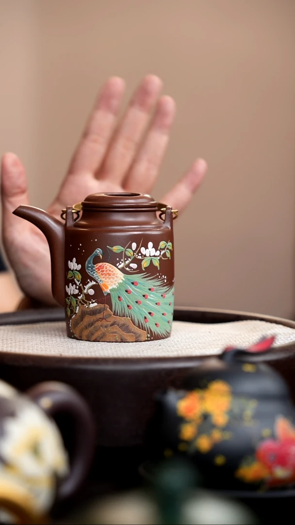 茶壶紫砂革紫泥洋桶泥绘孔雀009