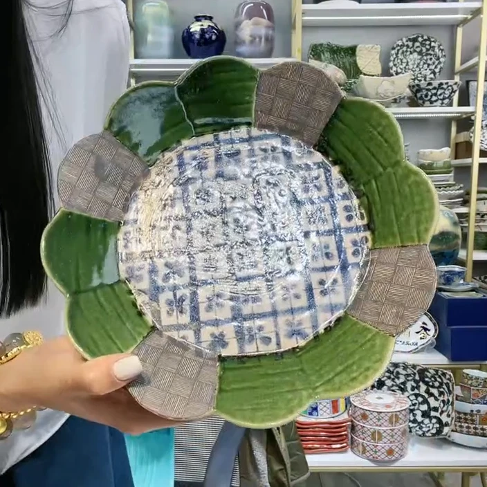 【单支】日本进口灶师窑织部四叶草深盘23.5cm