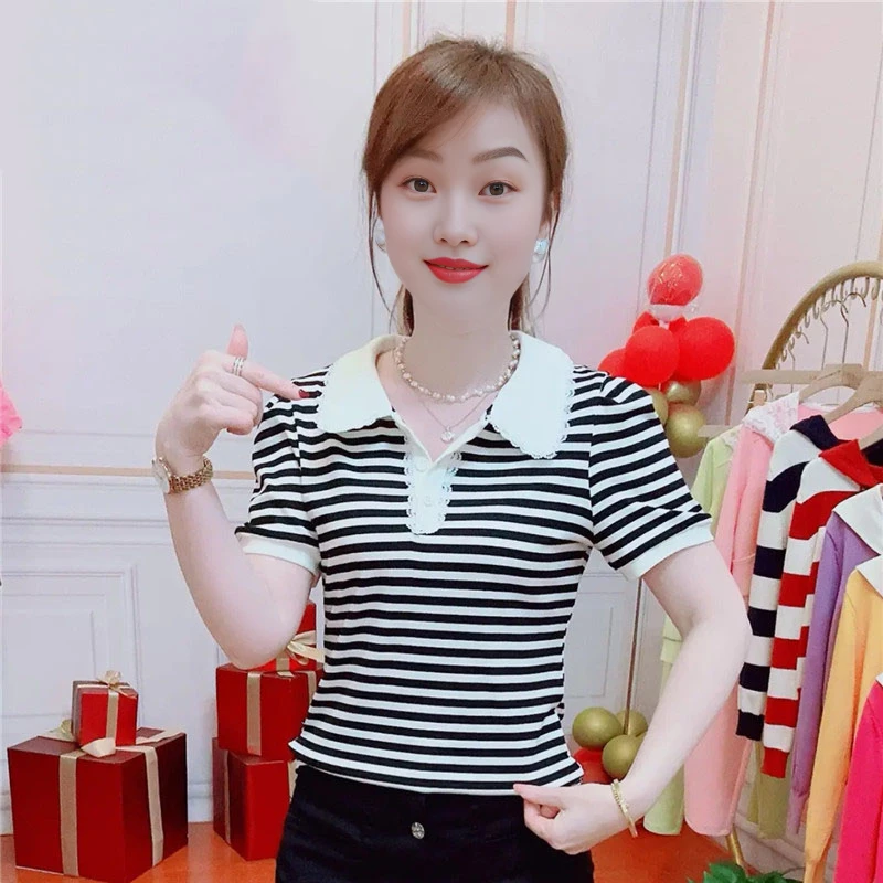条纹短袖t恤女2025年夏季新款POLO领口蕾丝拼接时尚百搭显瘦上衣