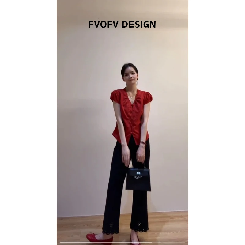 FVOFV（乔亚）法式V领收腰设计显瘦气质大麻小衫H1081