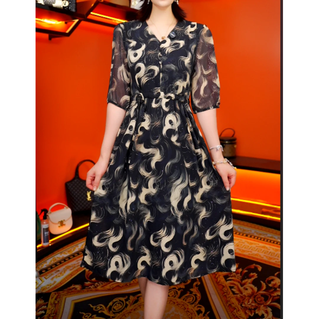 高端气质洋气显瘦减龄连衣裙2025夏季新款女装高级感中长裙9156