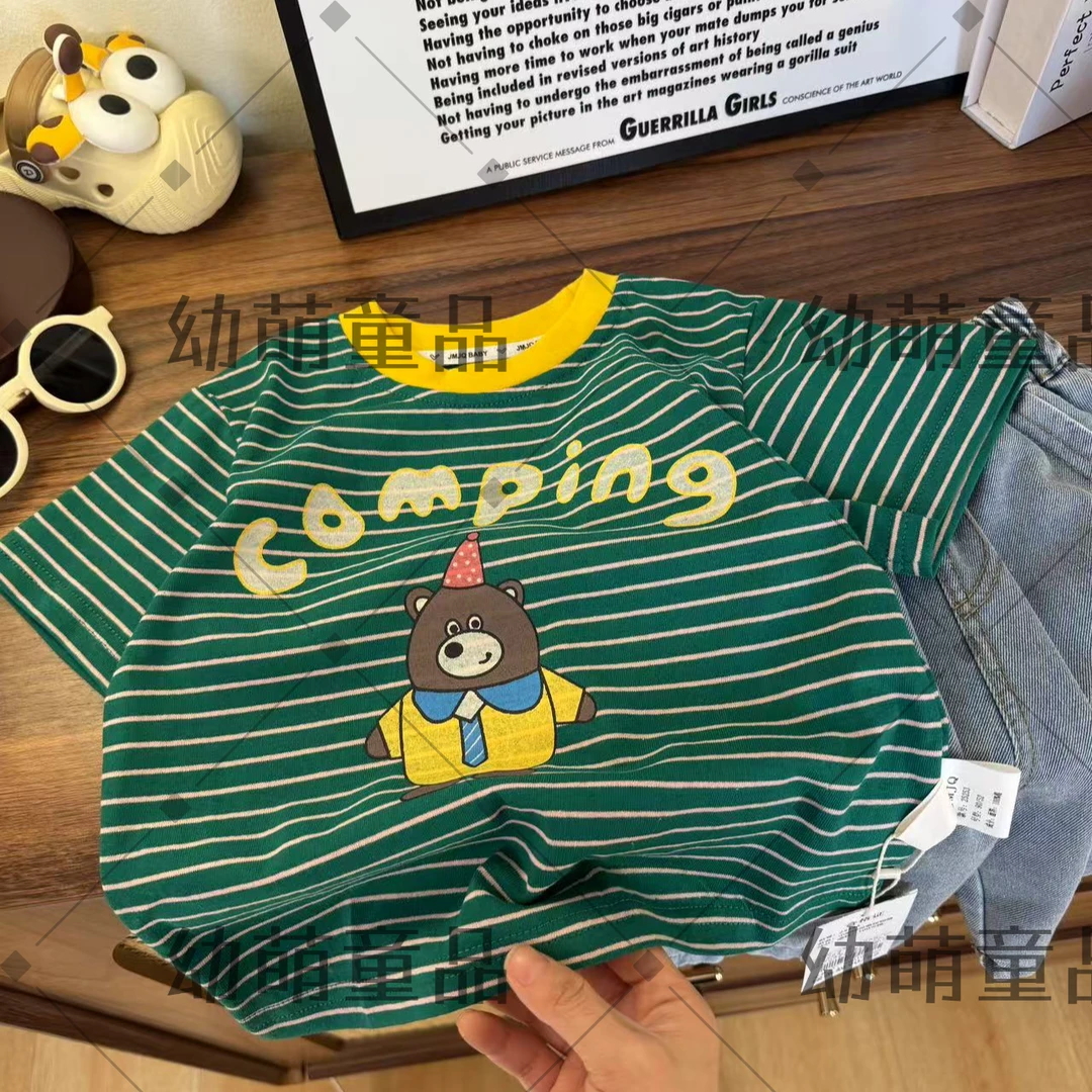 YM【JMJQ 25253】夏季中小童韩版亲肤小熊色织条纹清爽短袖体恤