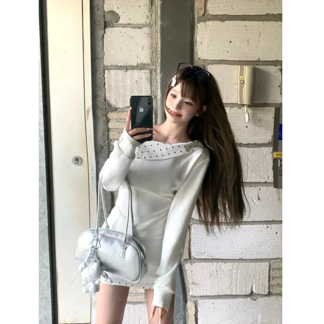 法式白色斜肩波点卫衣包臀短裙女早秋季2025新款高级感穿搭一整套