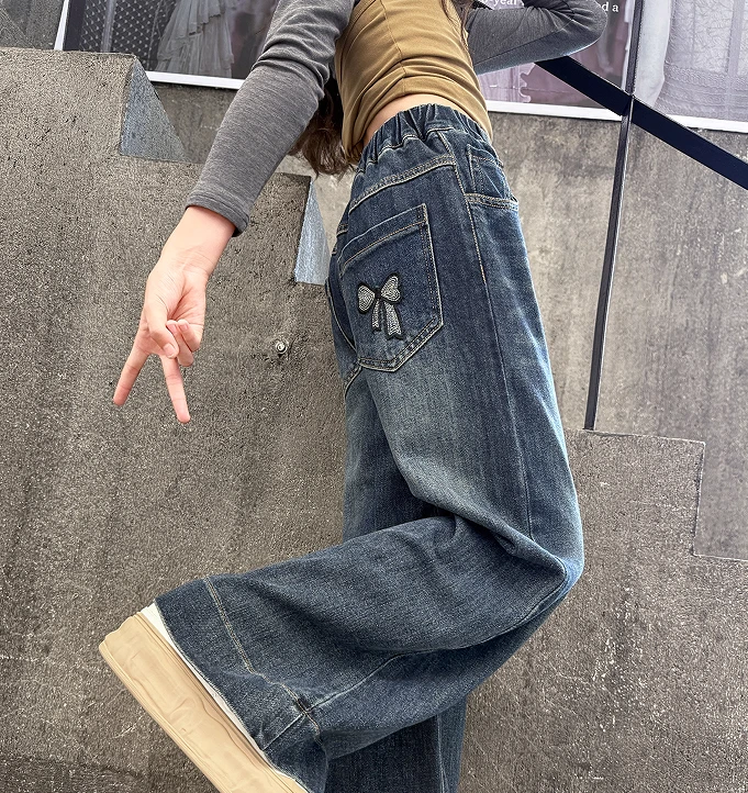 女童牛仔裤秋季2025新款儿童直筒裤春秋款大童裤子女初中生阔腿裤